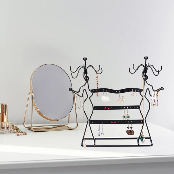 Fésülködő asztalon elhelyezett múzsák acél ékszertartó fekete színben