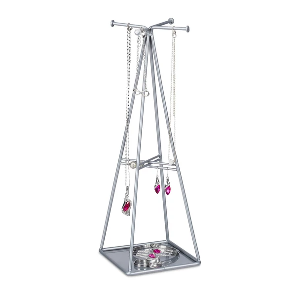 Kúp alakú ékszertartó állvány több különféle ékszerrel 