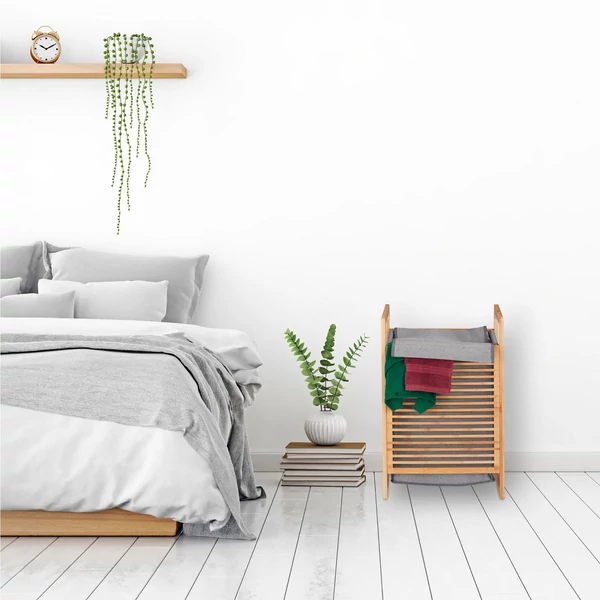 Bambusz szennyestartó modern fürdőszoba környezetben