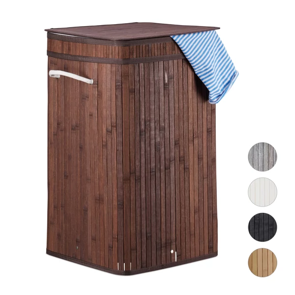 Sötétbarna színű szögletes polti szennyeskosár fonott kötél fülekkel és zárható fedéllel