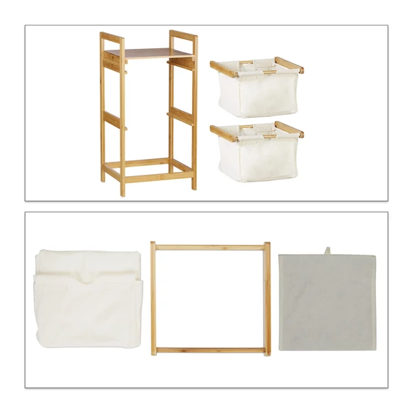 Zora natúr színű bambusz szennyestartó állvány két darab textil szennyeszsákkal lapraszerelve