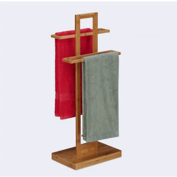 Aharo törölközőtartó állvány vastag talppal bambuszból szürke és piros törölközőkkel