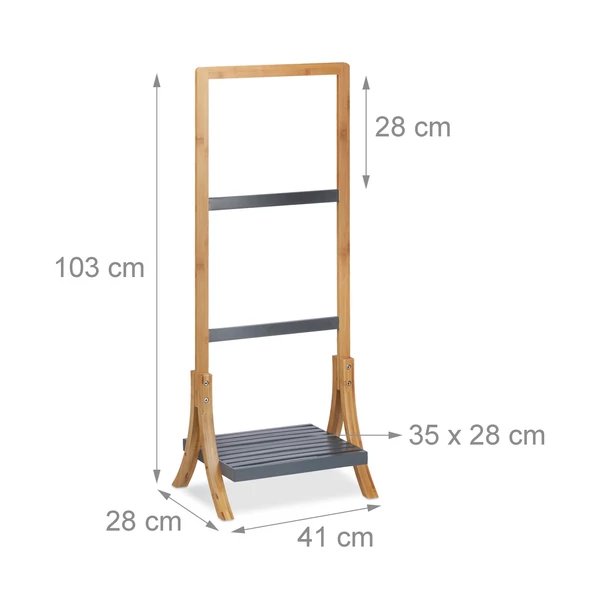 Riku natúr bambusz törölközőtartó állvány szürke polccal mértekkel