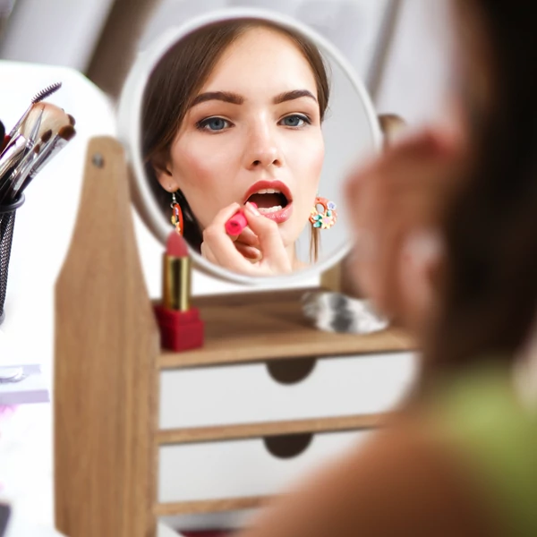 Smink rendszerező akácfa tükör és három fiókos kozmetikai tároló