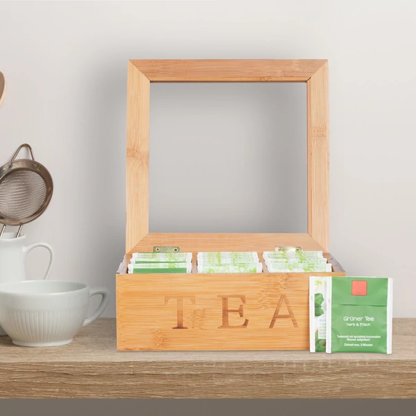 Tea 9 rekeszes teafilter tartó doboz filterekkel a konyhapulton