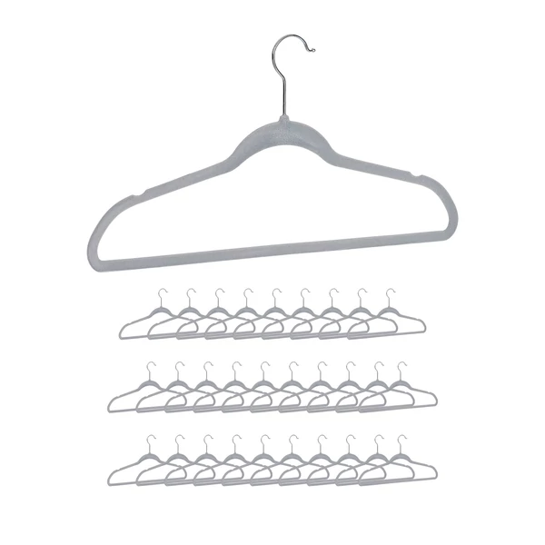 Szürke színű bársony vállfa felnőtt méretben 30 db-os szettben