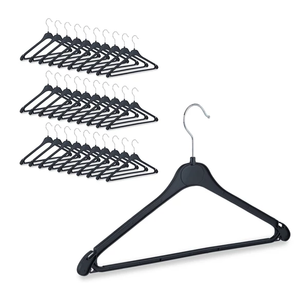 Fekete műanyag vállfa nadrágtartó rúddal vékony kivitelben rozsdamentes acél akasztóval