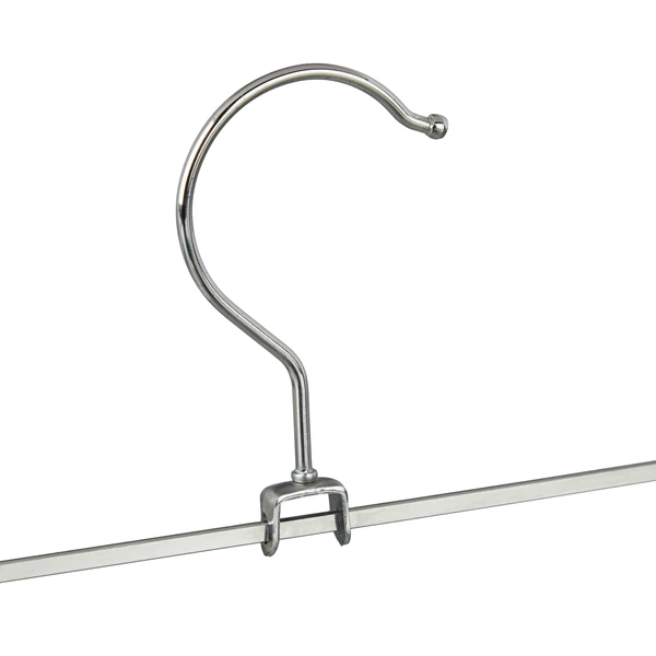 Vékony acél nadrágtartó vállfa akasztós része közelről