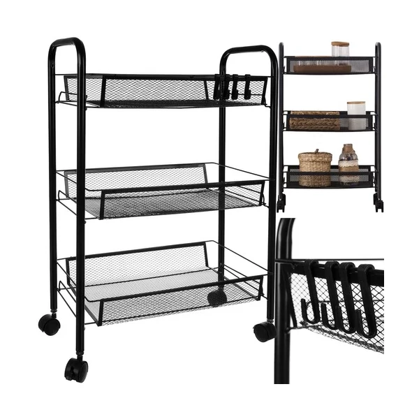 Liha fekete színű kisméretű gurulós polc és zsúrkocsi akasztókampókkal üresen