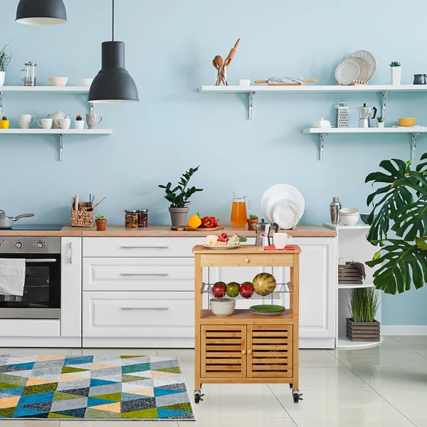 BAKU bambusz tálalókocsi több szintes tárolórésszel és kerekekke