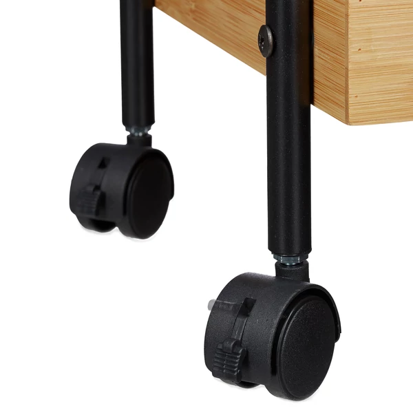 Mino fekete acélvázas zsúrkocsi bambusz polcokkal egyik oldala a görgős lábakkal