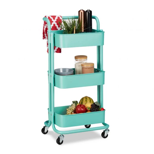 Retró zsúrkocsi zöldeskék színben 3 polccal acélból 