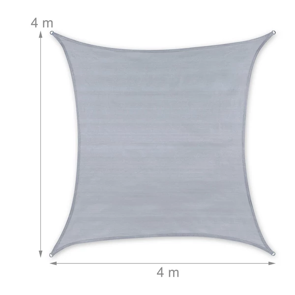 Világosszürke színű négyzet alakú 4x4 méter méretű napvitorla külső méretekkel