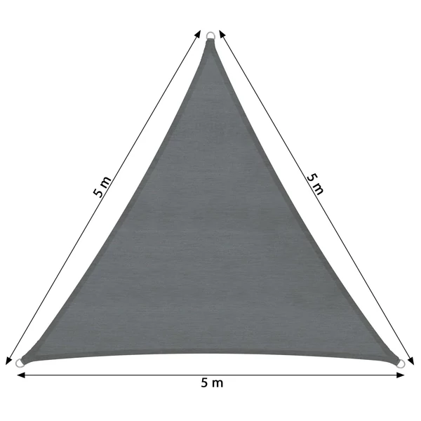 Háromszög alakú vastag UV álló HDPE napvitorla 5 x 5 x 5 méter méretben méretekkel
