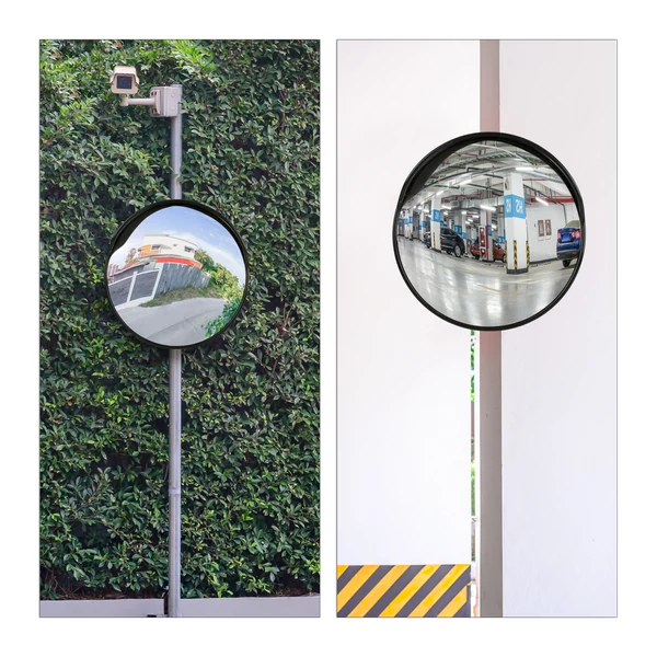 Egy mélygarázs mellett oszlopon és egy mélygarázsban lent elhelyezett 45 cm átmérőjű közlekedési és forgalmi tükör