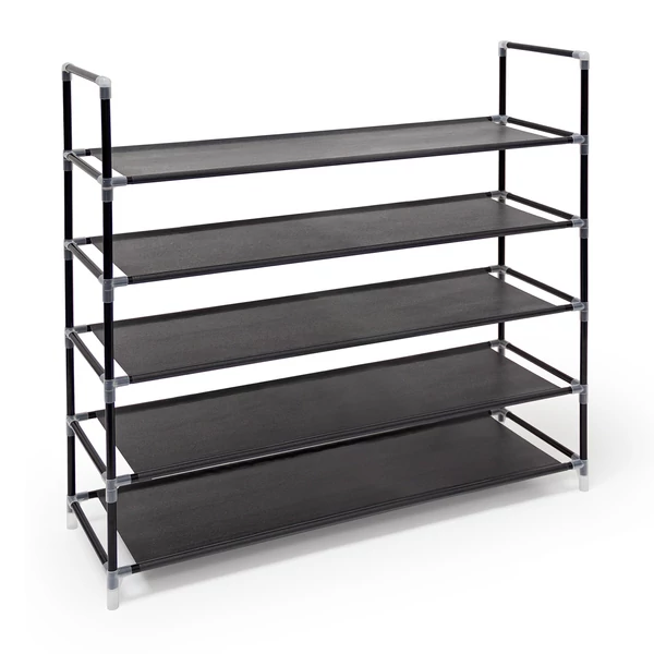 Acélcsövekből és műanyag összekötő elemekből összeállítható cipőtároló állvány 5 emeletes kivitelben üresen