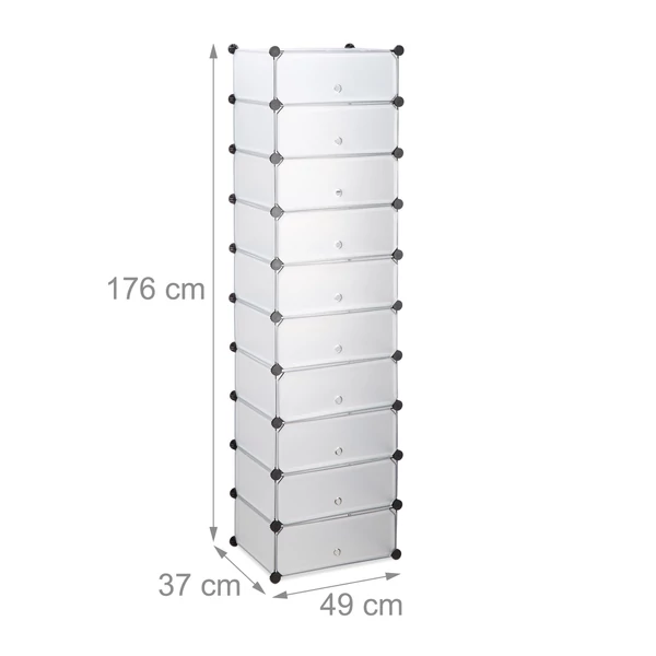 Lacy 10 rekeszes ajtóval zárható cipőtároló torony alakban összeszerelve külső méretekkel