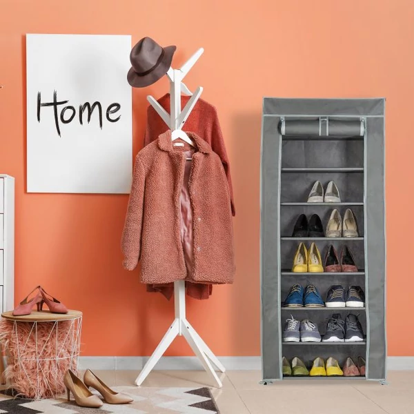 Mike keskeny és magas cipőtároló és mobilgadrób szürke zipzáras huzattal az előszobában