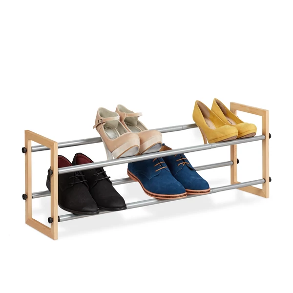 Olda fa oldalelemekkel szerelt acélcsöves cipőtartó állvány 2 emeletes kivitelben 4 pár cipővel