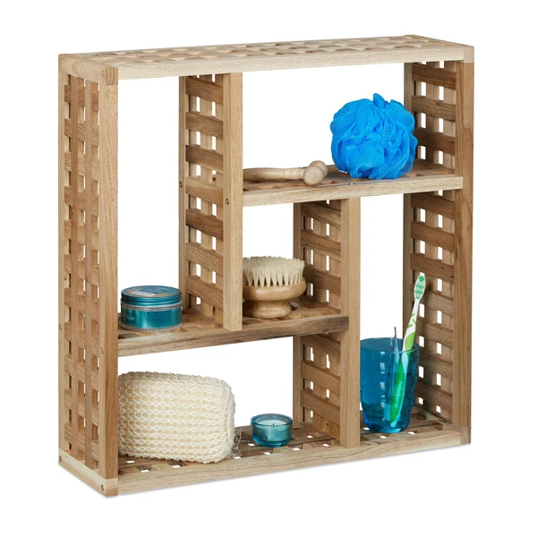 5 különálló rekeszes diófa fali polc fürdőszobai kék és fehér kiegészítőkkel