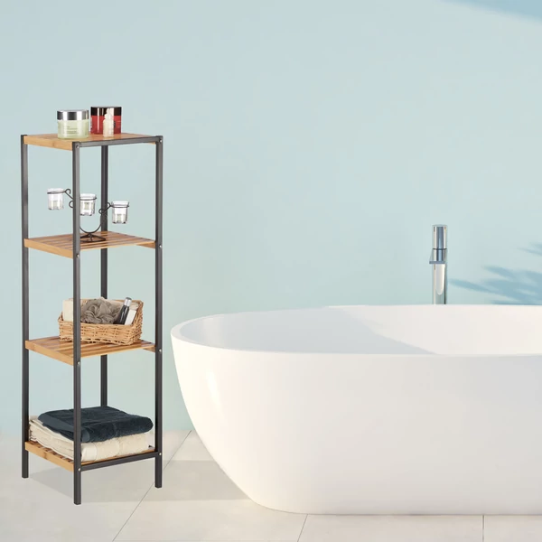 modern bambusz fürdőszoba tároló állvány polc egy kád mellett