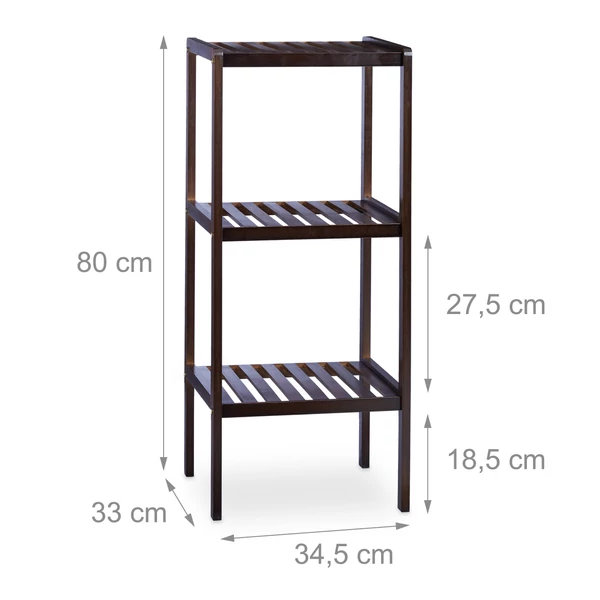 Nara 3 szintes sötétbarna színű bambusz fürdőszoba polc üresen méretekkel