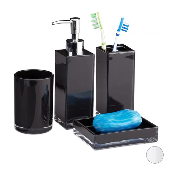Bolp műanyag szappantartó, fogkefetartó, folyékonyszappan kinyomó és öblítópohár szettben