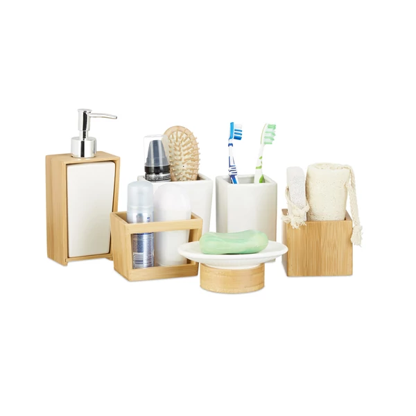 Jünge négy részes bambusz és kerámia mosdó szett feltöltve fürdőszobai kellékekkel