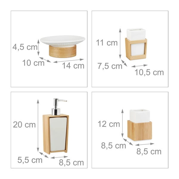 A négy részes Jünge mosdó szett különböző elemei és azok méretei