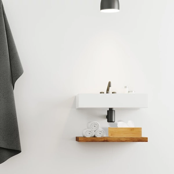 Bambusz asztali papírzsebkendő tartó mosdó alatt egy polcon elhelyezve
