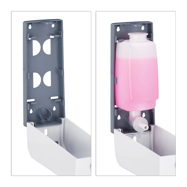 Kivehető belső tartályos szappan és tusfüdő adagoló fali kivitelben rózsaszín folyékony szappannal feltöltve