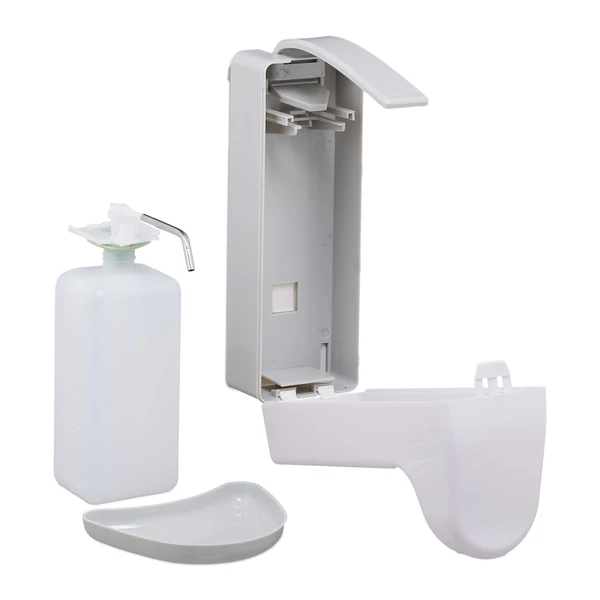 Szétszerelhető belső tartályos és műanyag házas fali szappanadagoló szétszerelve főelemekre