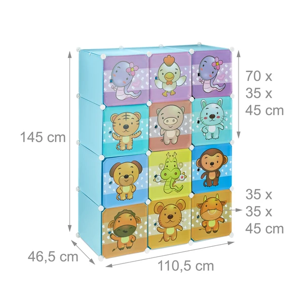 Kék színű gyermek gardróbszekrény méreteivel ellátott katalóguskép