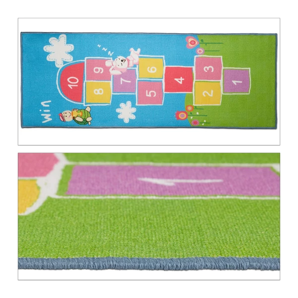 Ugróiskola mintájú rövidszálú gyerekszobai szőnyeg színes kockákkal és nyuszi mintákkal