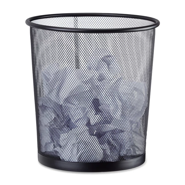 12 literes fekete színű fémhálós szemetes és irodai papírkosár összegyűrt dokumentumokkal
