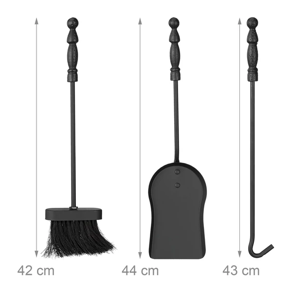 Fekete színű öntöttvas kandalló tiszító eszközök három darabos készletben külső méretekkel