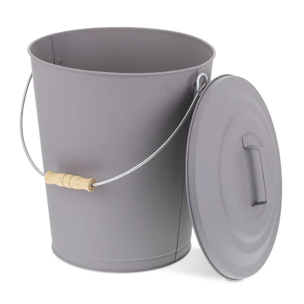 Szürke hamuzós vödör acélból fa markolattal és tetővel