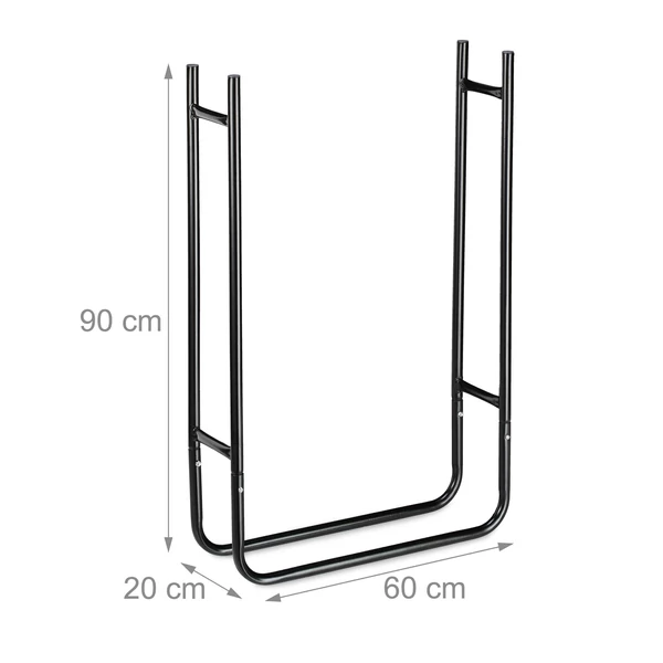 Fekete színű acél tüzifa tartó állvány üresen méretekkel