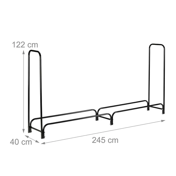 Fekete acélból készült tüzifa tároló keret üresen méretekkel