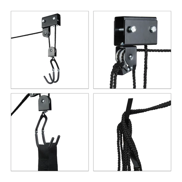 Mennyezetre vagy födémre rögzíthető kerékpártartó és kerékpáremelő lift fekete színben részegységeiről készült közeli képek