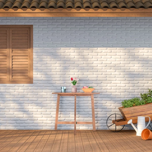 Ház mellett elhelyezett sötétbarna színű összecsukható faasztal