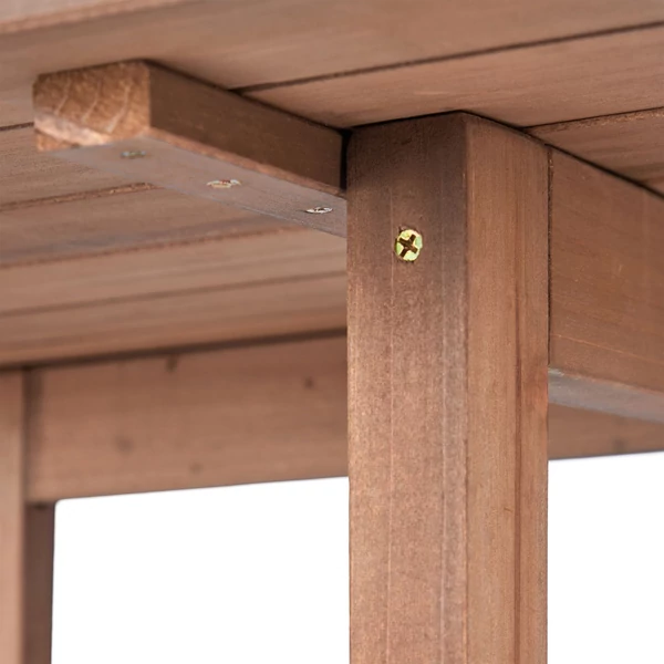 Fából készült barna színű lehatjtható asztallappal szerelt beltéri és kültéri asztal alsó része