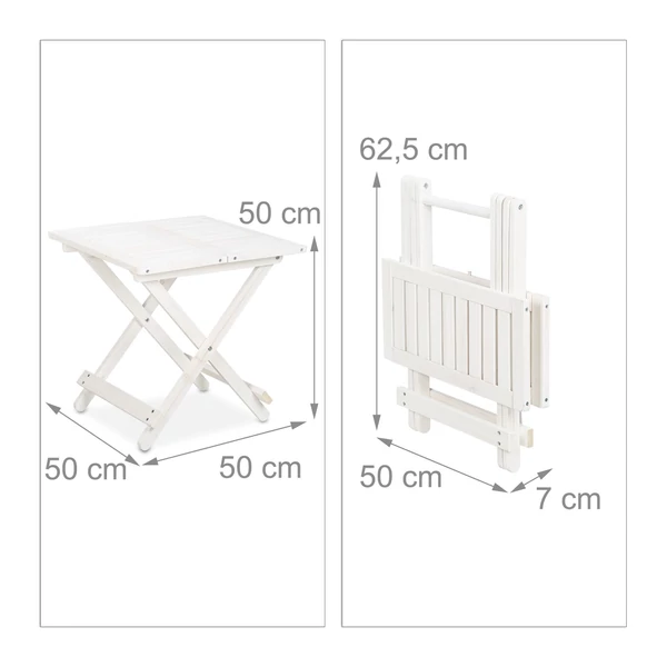 Jakra összecsukható fából készült kerti asztal nyitva és összecsukva méretekkel
