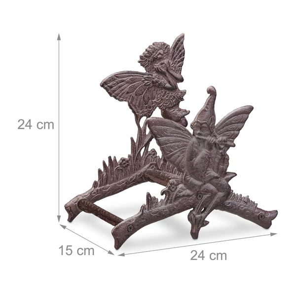 Zenélő és éneklő tündérekkel díszített öntöttvas falra szerelhető tömlőtartó üresen méretekkel