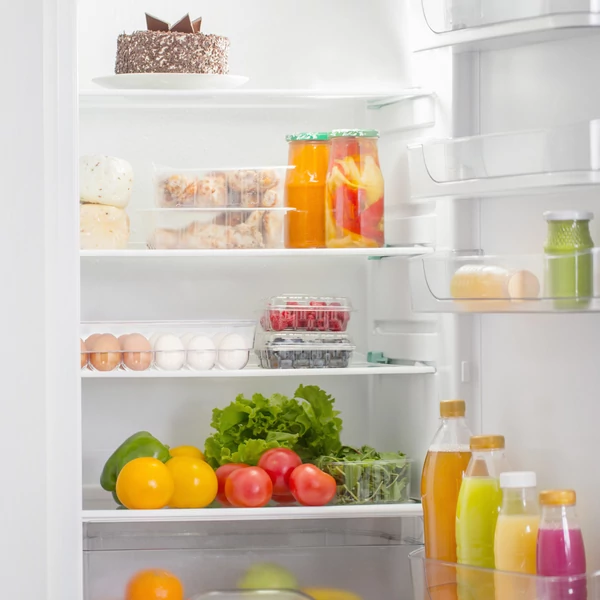 Hűtőszekrény nyitott ajtóval benne egy 12 darab tojás tárolására alkalmas tojátartóval