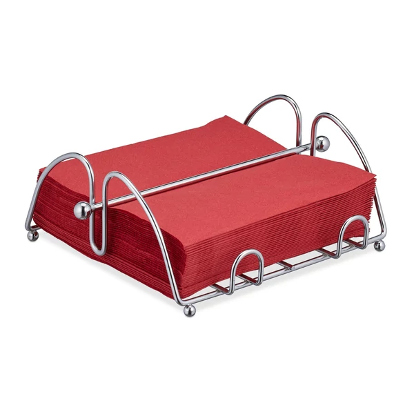 rozsdamentes acélból készült szalvétatartó leszorító nehezékkel piros színű papírszalvétákkal