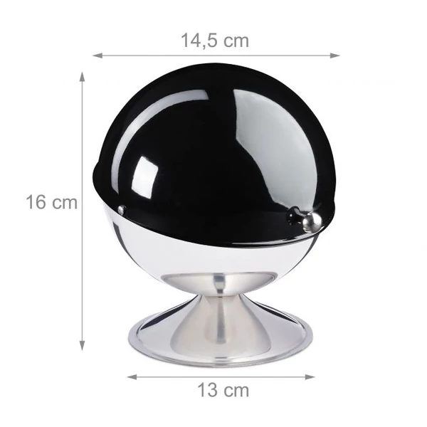 Fekete nyitható fedeles cukortartó gömb hátulról méretezve