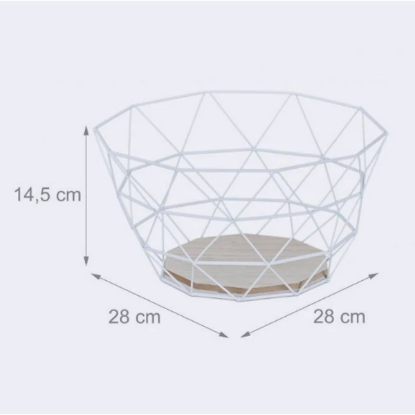 Fehér acélból készült gyümölcs és zöldségtartó kosár fa aljjal méretezett katalógusképen