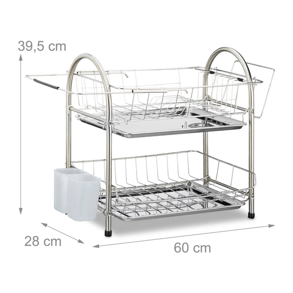 Rola rozsdamentes acél edényszárító acél tálcával és műanyag evőeszköz szárítóval külső méretekkel