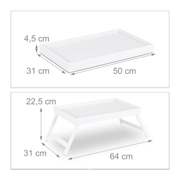 Sota bmbusz fehér színű reggeliző tálca összecsukott és kinyitott állapotban méretezve